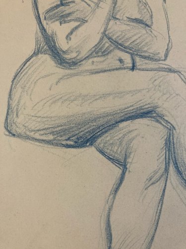 Dessin 1910 Nu Académique Mine De Plomb Bleu Art ancien Femme crayon Portrait