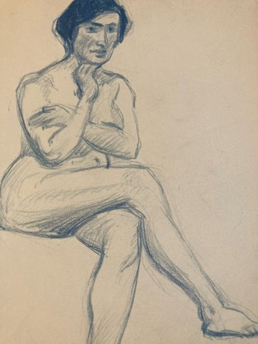 Dessin 1910 Nu Académique Mine De Plomb Bleu Art ancien Femme crayon Portrait