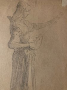 Dessin 1920 Dessin Sur Papier Femme A La Mandoline Guitare À Identifier Crayon