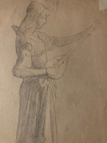 Dessin 1920 Dessin Sur Papier Femme A La Mandoline Guitare À Identifier Crayon