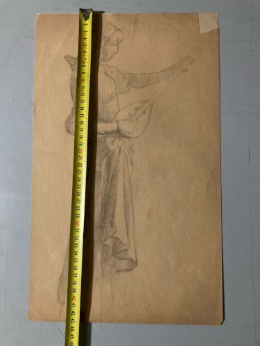 Dessin 1920 Dessin Sur Papier Femme A La Mandoline Guitare À Identifier Crayon