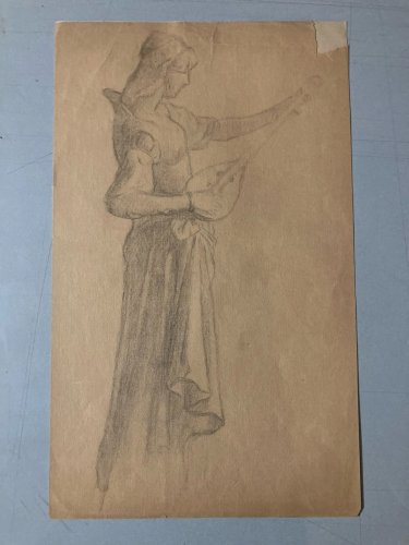Dessin 1920 Dessin Sur Papier Femme A La Mandoline Guitare À Identifier Crayon