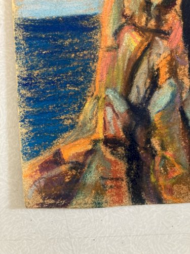 Dessin 1920 Fusain Mer Océan Bretagne ?Papier Art Deco Ancien  Epoque