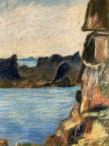 Dessin 1920 Fusain Océan Mer Bretagne ?Papier Art Deco Ancien  Epoque