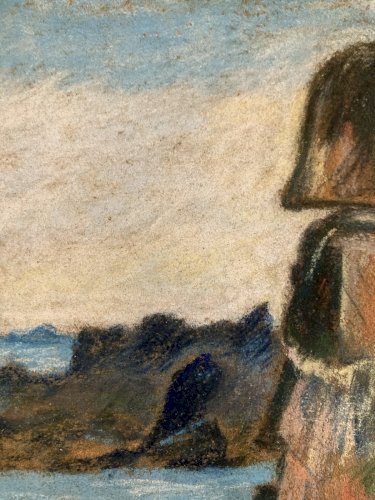 Dessin 1920 Fusain Océan Mer Bretagne ?Papier Art Deco Ancien  Epoque