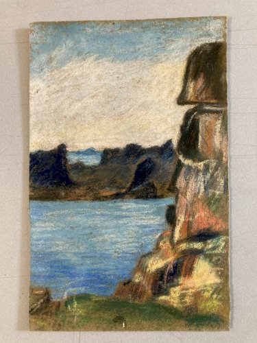 Dessin 1920 Fusain Océan Mer Bretagne ?Papier Art Deco Ancien  Epoque