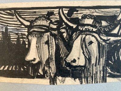 Dessin 1920 Highland Encre Vache Veau Animal Paysan Animaux Ancien Art Deco