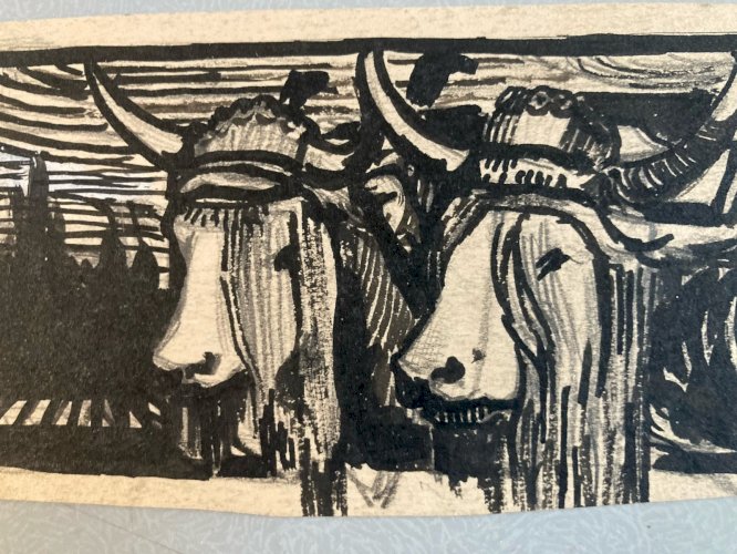 Dessin 1920 Highland Encre Vache Veau Animal Paysan Animaux Ancien Art Deco