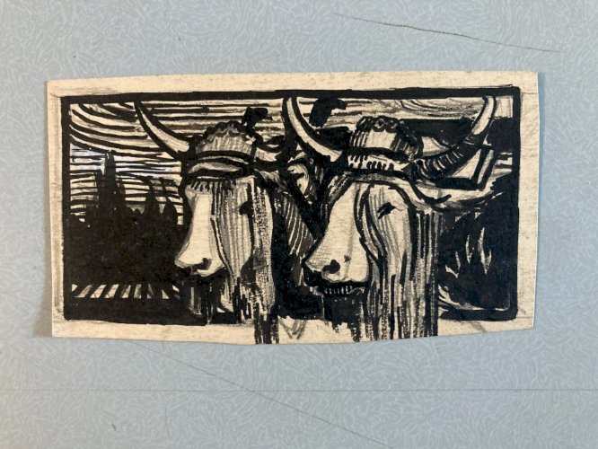 Dessin 1920 Highland Encre Vache Veau Animal Paysan Animaux Ancien Art Deco