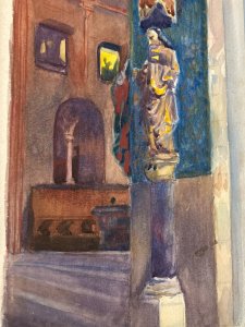 Dessin 1930 Peinture Papier Aquarelle Intérieur Eglise Cathédrale Statue