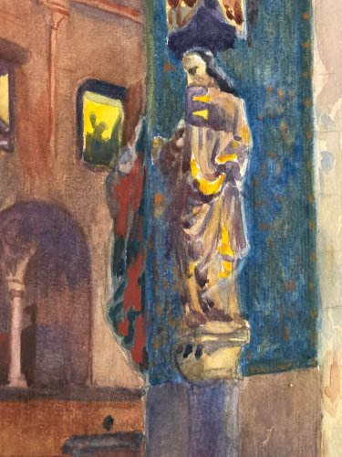 Dessin 1930 Peinture Papier Aquarelle Intérieur Eglise Cathédrale Statue