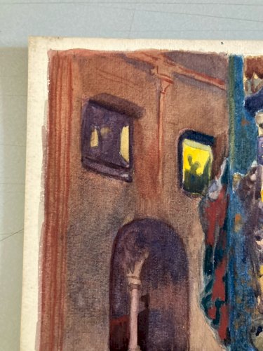 Dessin 1930 Peinture Papier Aquarelle Intérieur Eglise Cathédrale Statue