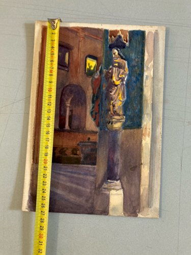 Dessin 1930 Peinture Papier Aquarelle Intérieur Eglise Cathédrale Statue