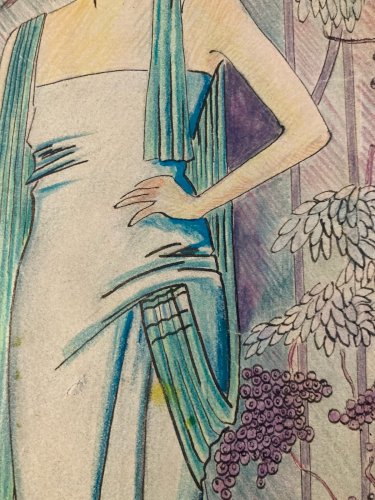 Dessin 1930 Portrait Crayon Papier Femme  Nouveau Déco Art Main  Epoque XXe