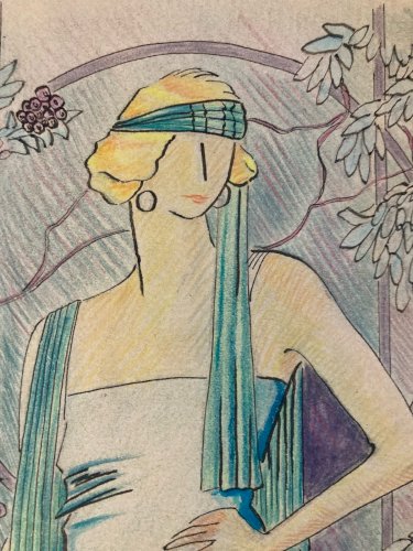 Dessin 1930 Portrait Crayon Papier Femme  Nouveau Déco Art Main  Epoque XXe
