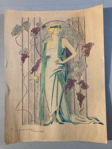Dessin 1930 Portrait Crayon Papier Femme  Nouveau Déco Art Main  Epoque XXe