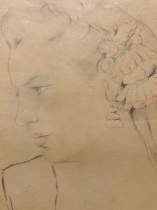 Dessin 1938 Portrait Buste Zina VIGOUREUX Art ancien Femme crayon Cheveux Fleurs