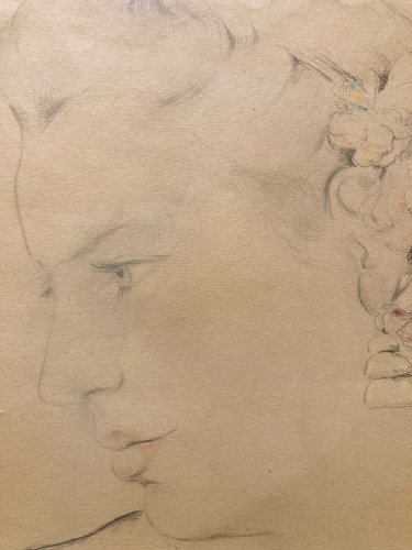 Dessin 1938 Portrait Buste Zina VIGOUREUX Art ancien Femme crayon Cheveux Fleurs