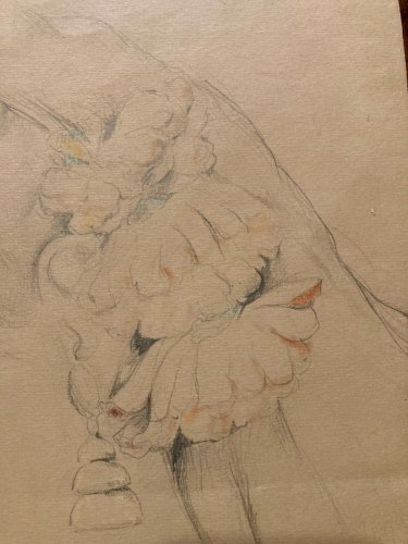 Dessin 1938 Portrait Buste Zina VIGOUREUX Art ancien Femme crayon Cheveux Fleurs