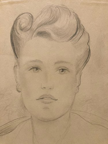 Dessin 1938 Portrait Buste Zina VIGOUREUX Art ancien Femme crayon Cheveux XXe