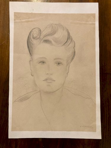 Dessin 1938 Portrait Buste Zina VIGOUREUX Art ancien Femme crayon Cheveux XXe