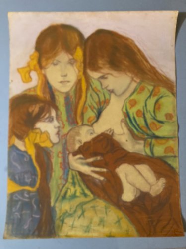 Dessin 1950 Peinture Portrait Femme Expressionniste Expressionnisme Allaitement