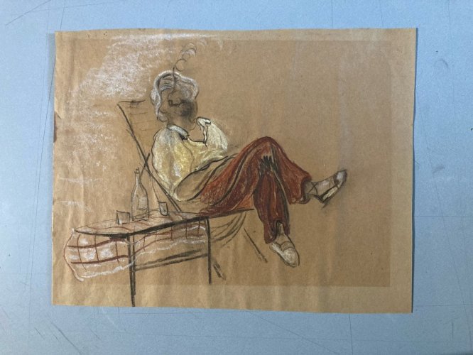 Dessin 1950 Portrait Homme Crayon Papier Chaise Longue Art Main  Epoque XXe