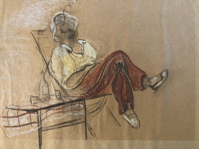 Dessin 1950 Portrait Homme Crayon Papier Chaise Longue Art Main  Epoque XXe