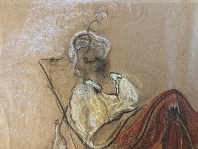 Dessin 1950 Portrait Homme Crayon Papier Chaise Longue Art Main  Epoque XXe