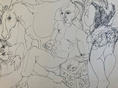 Dessin 1958 Encre Cirque Cheval Homme Femme Art À Identifier Ancien XXe