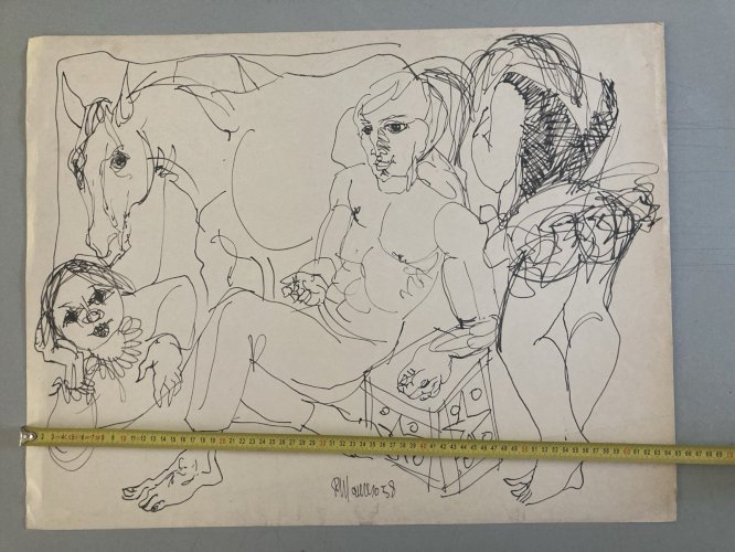 Dessin 1958 Encre Cirque Cheval Homme Femme Art À Identifier Ancien XXe