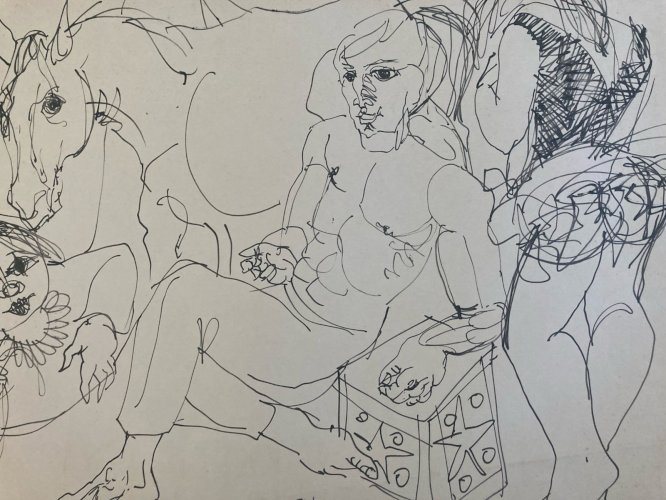 Dessin 1958 Encre Cirque Cheval Homme Femme Art À Identifier Ancien XXe