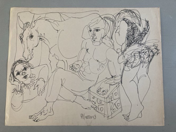 Dessin 1958 Encre Cirque Cheval Homme Femme Art À Identifier Ancien XXe
