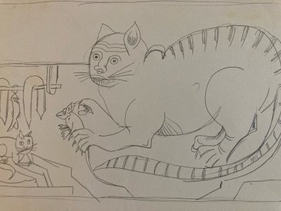 Dessin 1960 Crayon Chat Animalier Animal Animaux Souris Art Brut