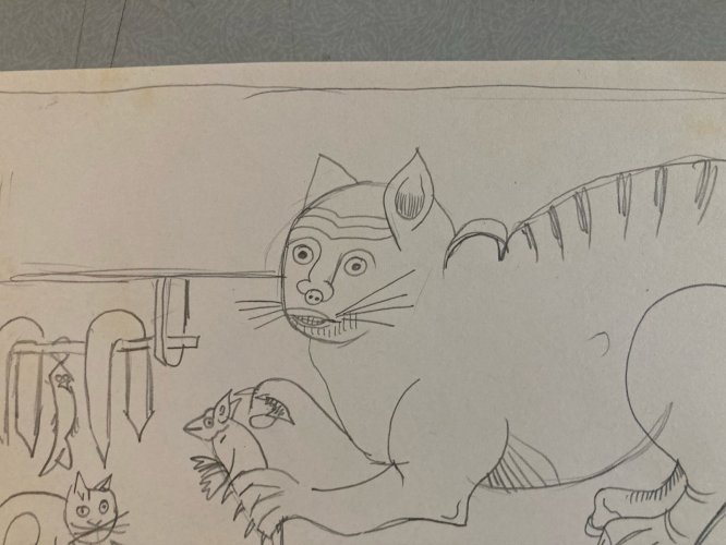 Dessin 1960 Crayon Chat Animalier Animal Animaux Souris Art Brut