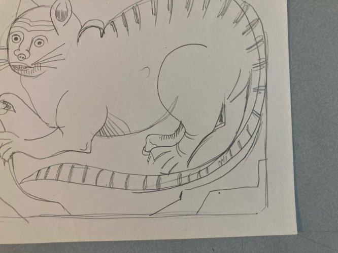 Dessin 1960 Crayon Chat Animalier Animal Animaux Souris Art Brut