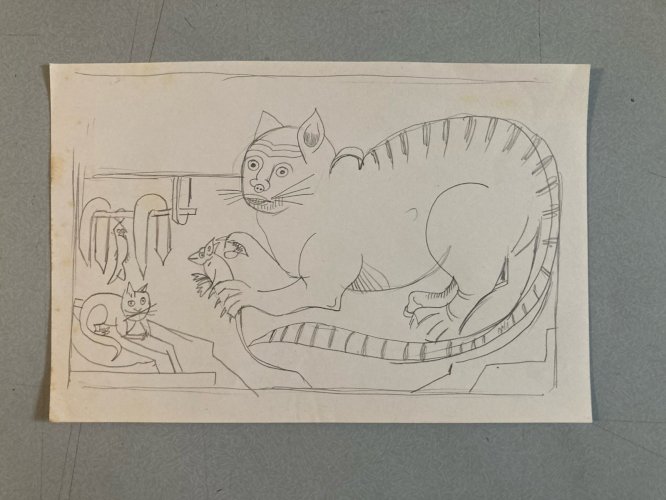 Dessin 1960 Crayon Chat Animalier Animal Animaux Souris Art Brut