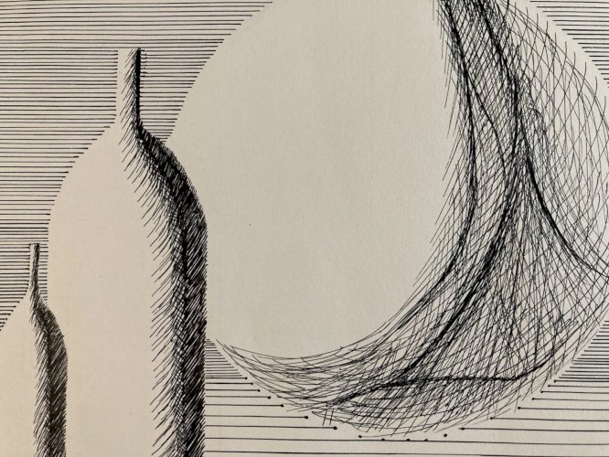 Dessin 1960 Encre Papier Cubiste Post Cubisme Nature Morte Aux Bouteilles