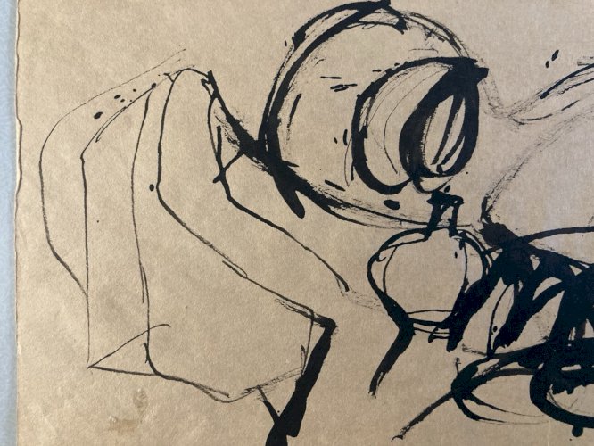 Dessin 1960 Encre Papier Cubiste Post Cubisme Nature Morte Verre Art Cruche