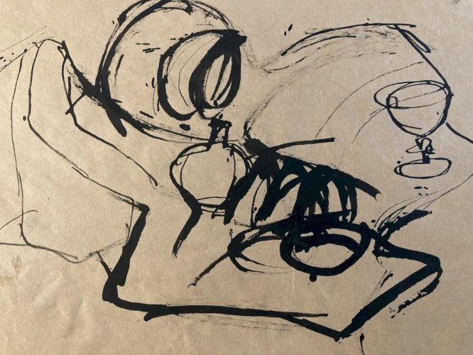 Dessin 1960 Encre Papier Cubiste Post Cubisme Nature Morte Verre Art Cruche