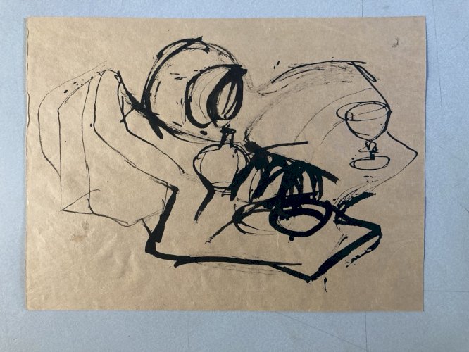 Dessin 1960 Encre Papier Cubiste Post Cubisme Nature Morte Verre Art Cruche