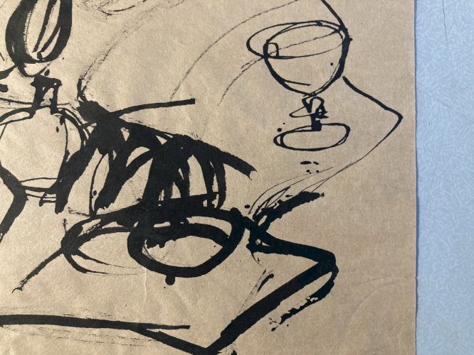 Dessin 1960 Encre Papier Cubiste Post Cubisme Nature Morte Verre Art Cruche