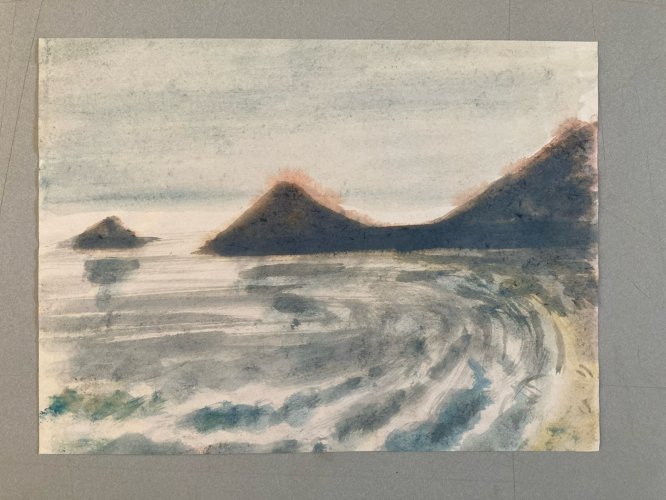 Dessin 1960 Peinture Papier Aquarelle Paysage Mer A Identifier art  Marine