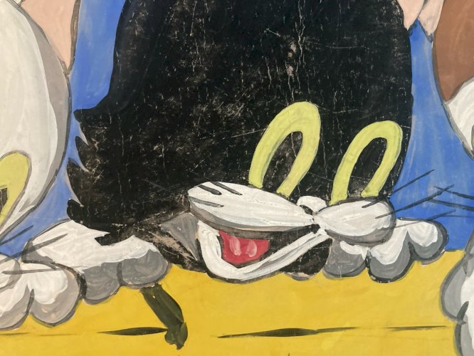 Dessin 1960 Peinture Papier Gouache Chat A Identifier Cartoon Enfant Ancien