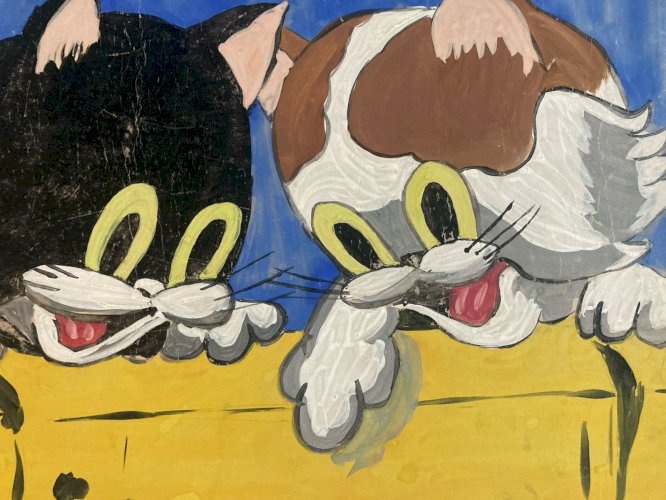Dessin 1960 Peinture Papier Gouache Chat A Identifier Cartoon Enfant Ancien