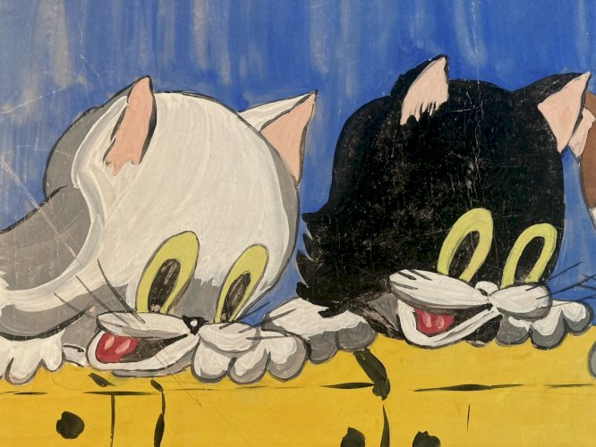 Dessin 1960 Peinture Papier Gouache Chat A Identifier Cartoon Enfant Ancien