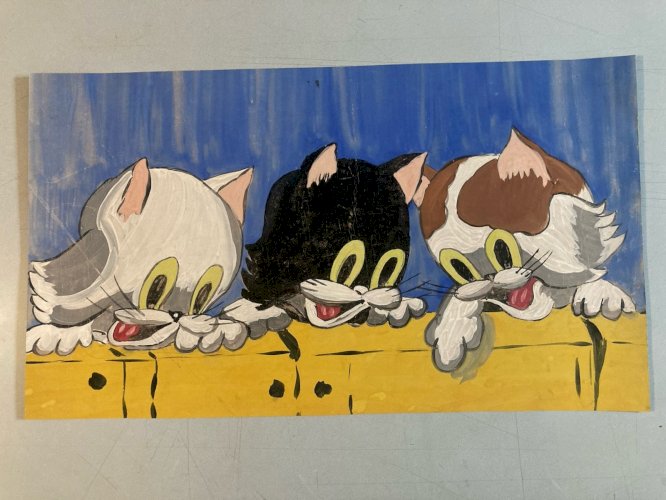 Dessin 1960 Peinture Papier Gouache Chat A Identifier Cartoon Enfant Ancien