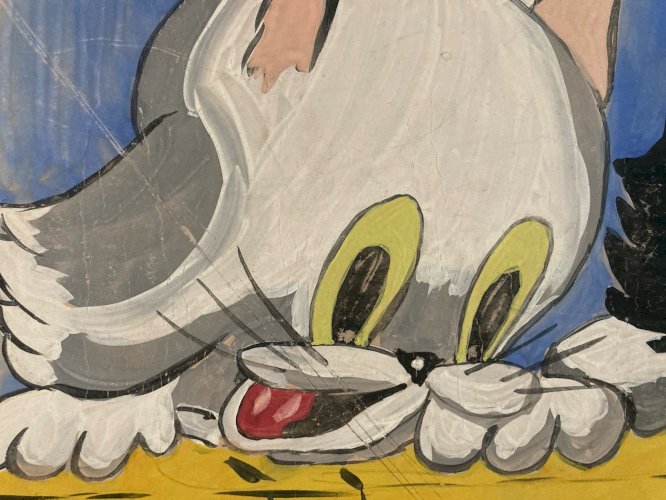 Dessin 1960 Peinture Papier Gouache Chat A Identifier Cartoon Enfant Ancien