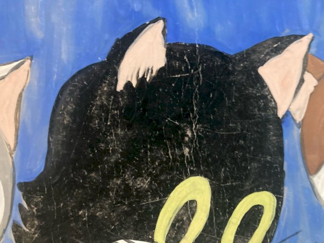 Dessin 1960 Peinture Papier Gouache Chat A Identifier Cartoon Enfant Ancien