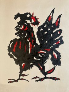 Dessin  1970 Coq Poule Animal Animaux Ancien Encre Peinture A Identifier